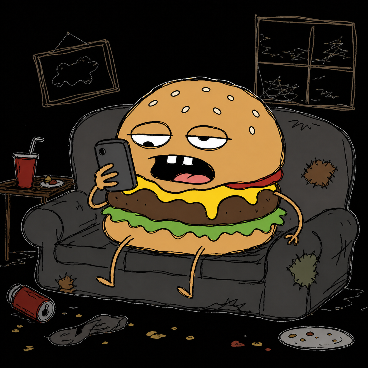 Burger on a couch with a phone