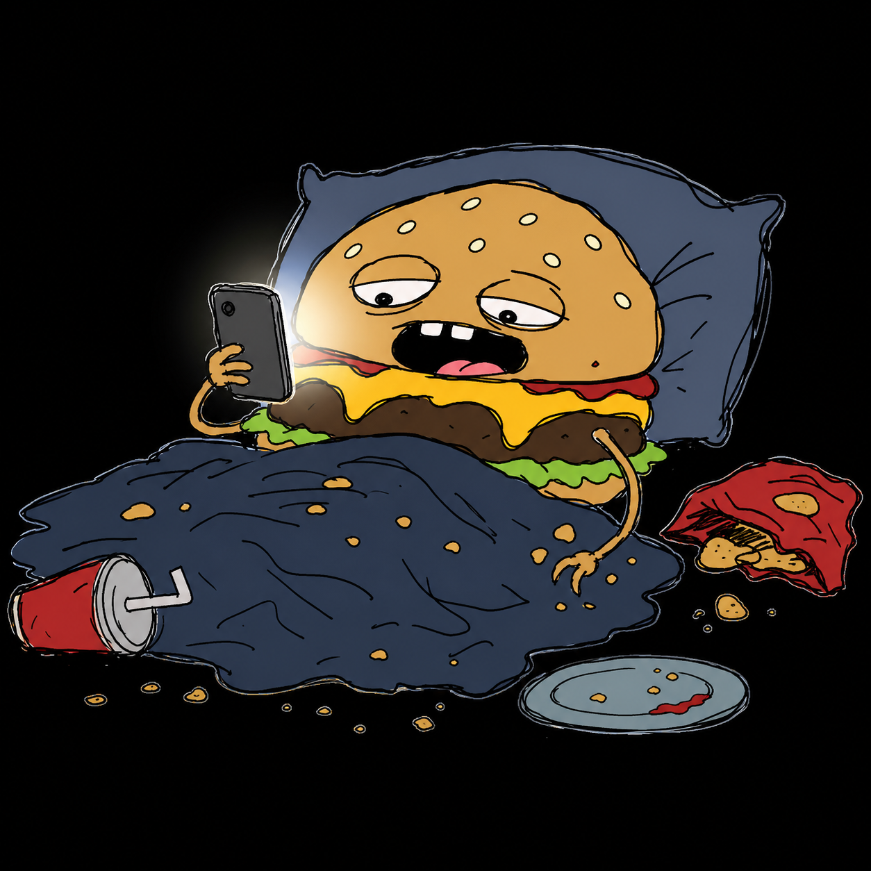 Burger in bed with a phone