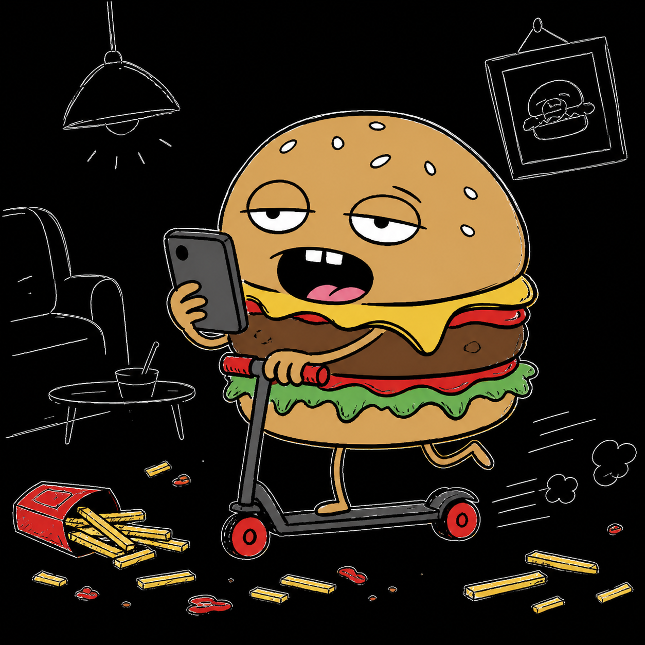 Burger riding a tiny scooter