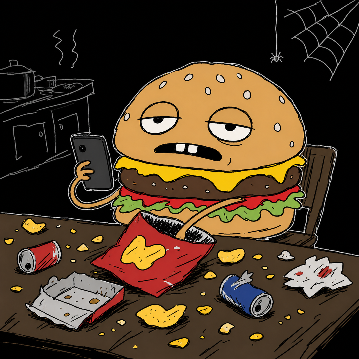 Burger eating chips at a table