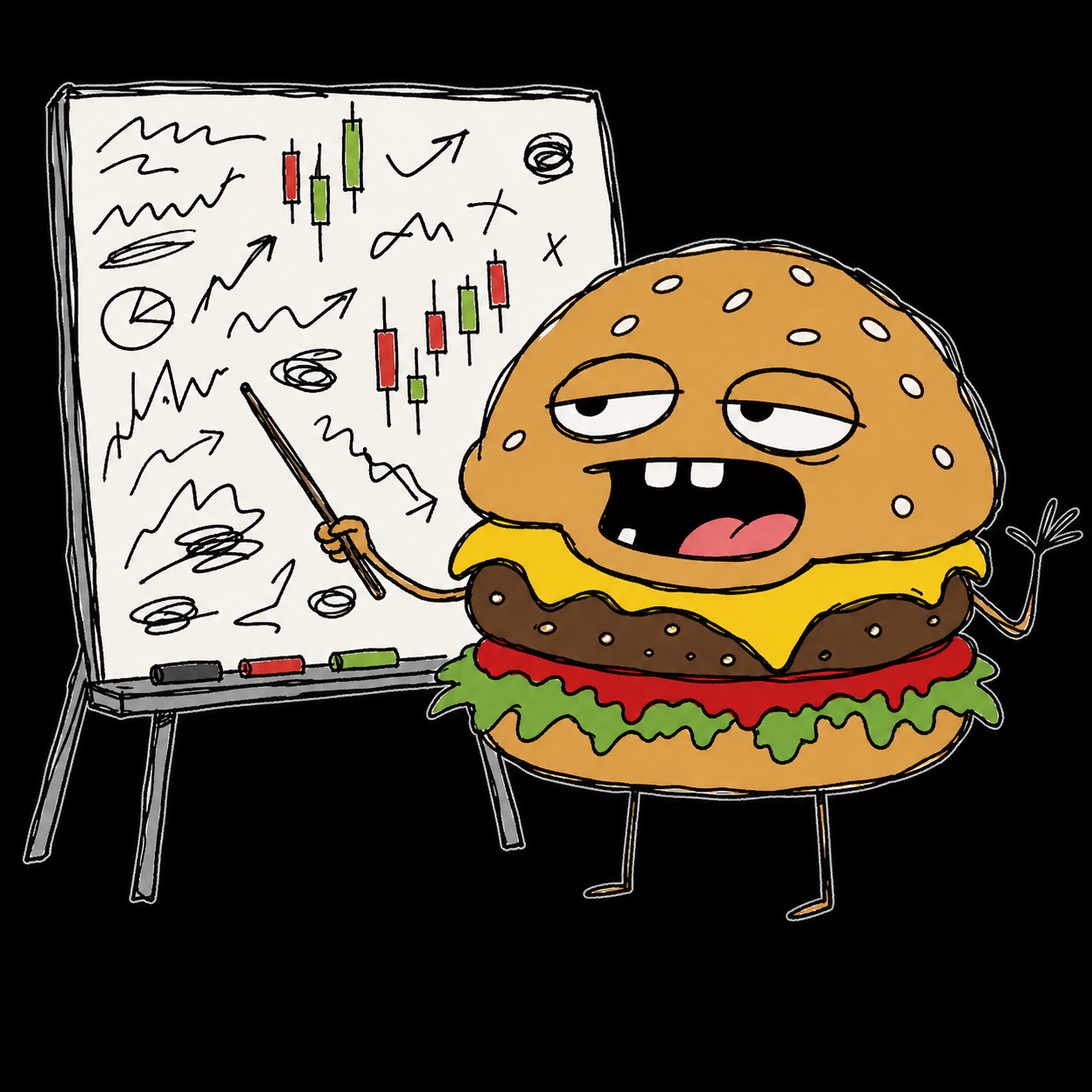 Burger at a whiteboard with chart doodles
