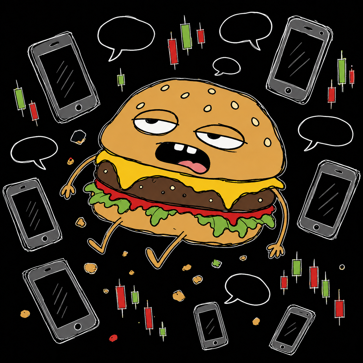 Burger floating around phones and chart doodles