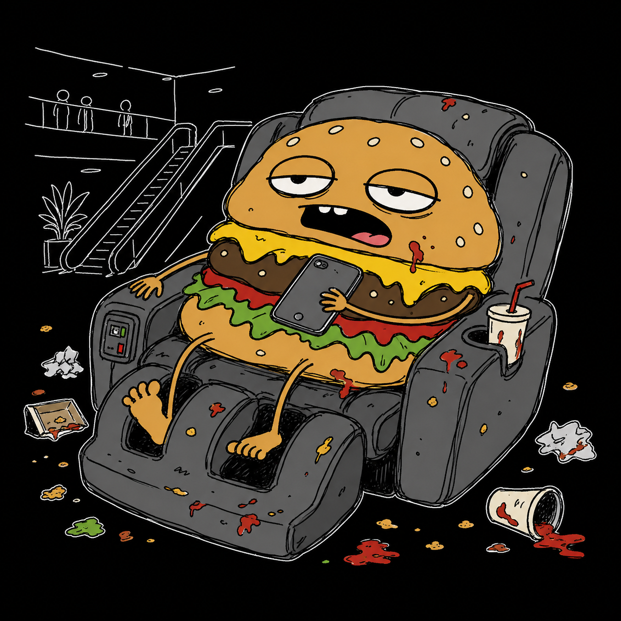 Burger in a mall massage chair