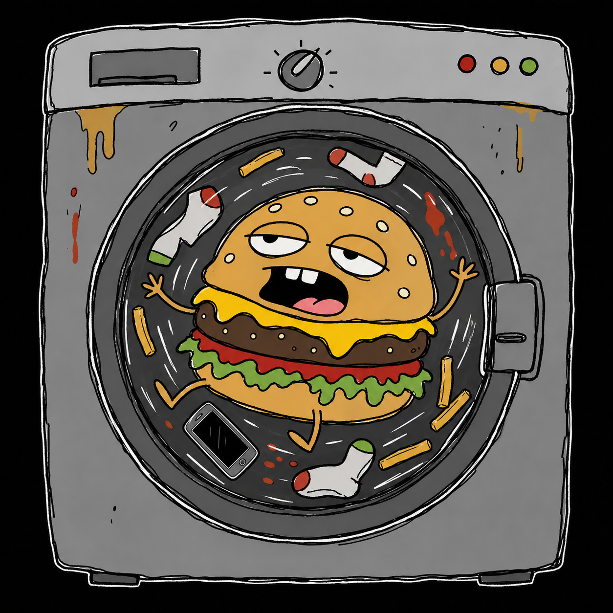 Burger in a laundromat dryer