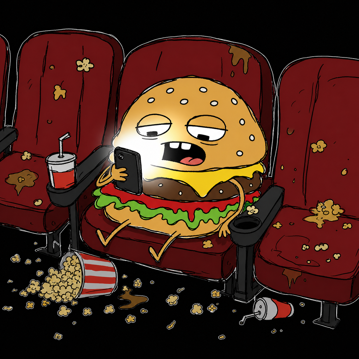 Burger in a messy movie theater