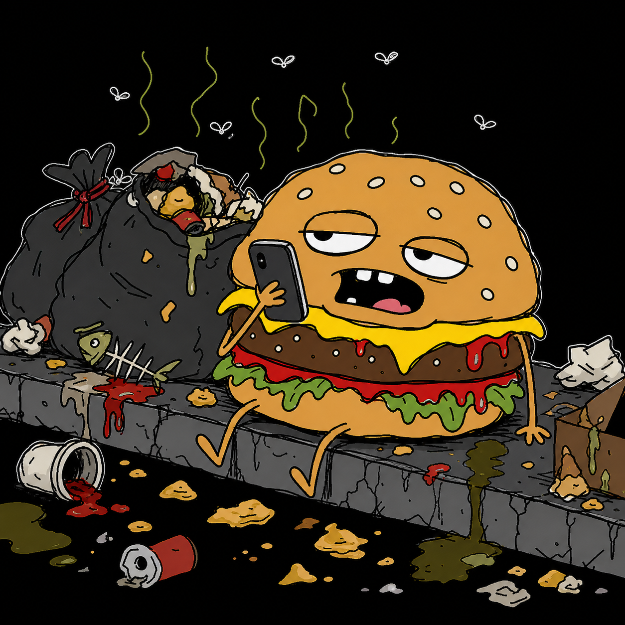 Burger in a dark alley by trash bags